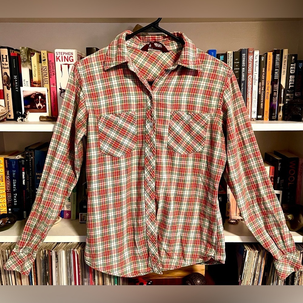 1970s Join-In Vintage Plaid Flannel Red Green Shirt Small Made in Hong Kong EUC
